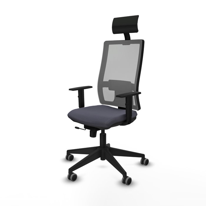 Silla de oficina Horna con mecanismo Sincro/Traslack tapizada con Tela color Gris oscuro y malla color Gris. Equipada con lumbar 1D, Brazos 1D, Cabecero Fijo y Ruedas 65 mm parqué