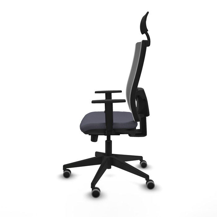 Silla de oficina Horna con mecanismo Sincro/Traslack tapizada con Tela color Gris oscuro y malla color Gris. Equipada con lumbar 1D, Brazos 1D, Cabecero Fijo y Ruedas 65 mm parqué