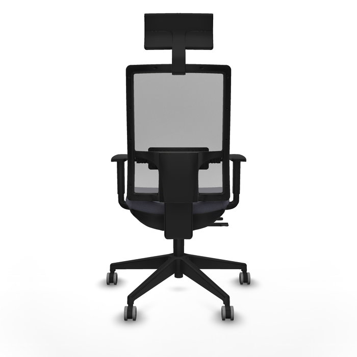 Silla de oficina Horna con mecanismo Sincro/Traslack tapizada con Tela color Gris oscuro y malla color Gris. Equipada con lumbar 1D, Brazos 1D, Cabecero Fijo y Ruedas 65 mm parqué