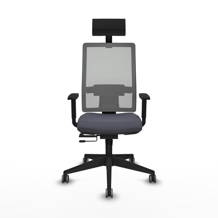 Silla de oficina Horna con mecanismo Sincro/Traslack tapizada con Tela color Gris oscuro y malla color Gris. Equipada con lumbar 1D, Brazos 1D, Cabecero Fijo y Ruedas 65 mm parqué
