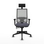 Silla de oficina Horna con mecanismo Sincro/Traslack tapizada con Tela color Gris oscuro y malla color Gris. Equipada con lumbar 1D, Brazos 1D, Cabecero Fijo y Ruedas 65 mm parqué