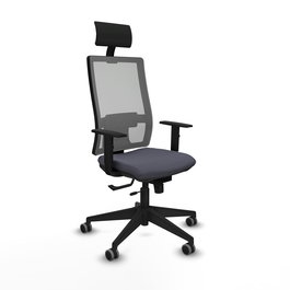 Silla de oficina Horna con mecanismo Sincro/Traslack tapizada con Tela color Gris oscuro y malla color Gris. Equipada con lumbar 1D, Brazos 1D, Cabecero Fijo y Ruedas 65 mm parqué