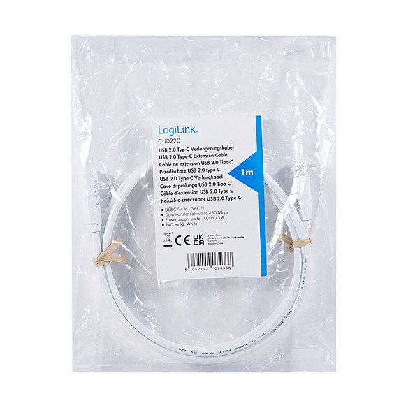 LogiLink Cable USB 2.0 Tipo C, 100W, 2 m, Blanco