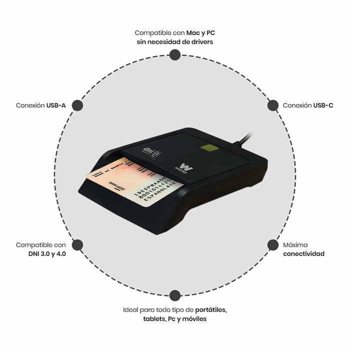Woxter PE26-200 Lector de DNI electrónico y tarjetas inteligentes USB Tipo-C con adaptador Negro Woxter PE26-200 Lector de DNI electrónico y tarjetas inteligentes USB Tipo-C con adaptador Negro