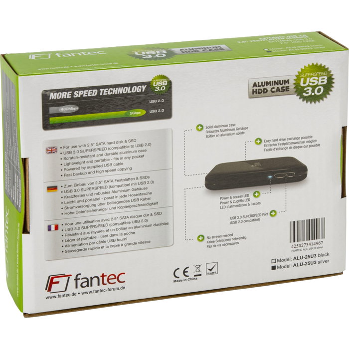 Fantec ALU-25U3 Carcasa para Disco Duro 2,5 Pulgadas Plata USB 3.0