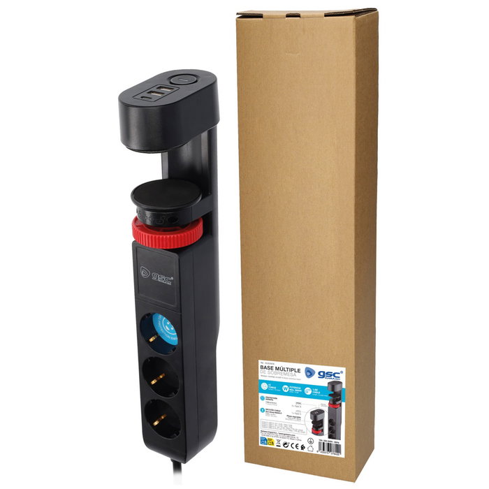 GSC Evolution Base múltiple de sobremesa 3T + 2 USB A + 1 USB Tipo C, 1,4M Negro