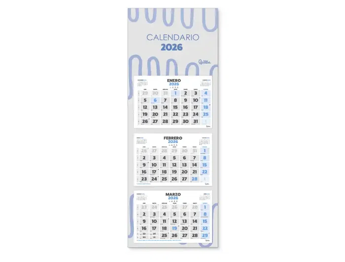 Liderpapel Calendario de Pared 2026 - 3 Meses Vista Plegable, 33x70 cm, Papel 90 g/m²