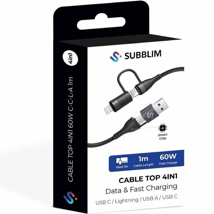 Subblim Cable TOP 4 en 1 60W USB-A/2xUSB-C/Lightning 1m Negro Subblim Cable TOP 4 en 1 60W USB-A/2xUSB-C/Lightning 1m Negro