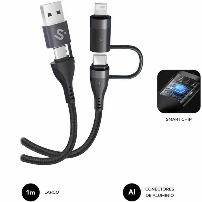 Subblim Cable TOP 4 en 1 60W USB-A/2xUSB-C/Lightning 1m Negro Subblim Cable TOP 4 en 1 60W USB-A/2xUSB-C/Lightning 1m Negro