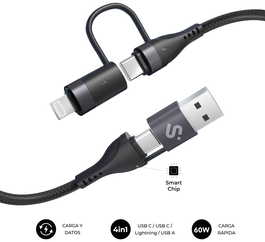 Subblim Cable TOP 4 en 1 60W USB-A/2xUSB-C/Lightning 1m Negro