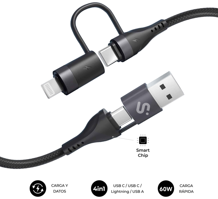 Subblim Cable TOP 4 en 1 60W USB-A/2xUSB-C/Lightning 1m Negro Subblim Cable TOP 4 en 1 60W USB-A/2xUSB-C/Lightning 1m Negro