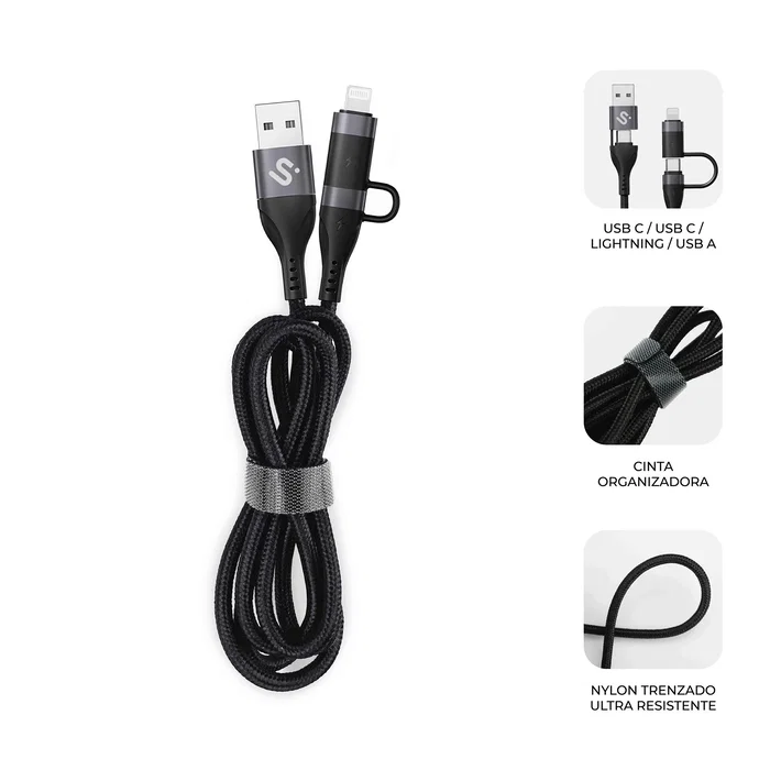 Subblim Cable TOP 4 en 1 60W USB-A/2xUSB-C/Lightning Negro 1m Subblim Cable TOP 4 en 1 60W USB-A/2xUSB-C/Lightning Negro 1m
