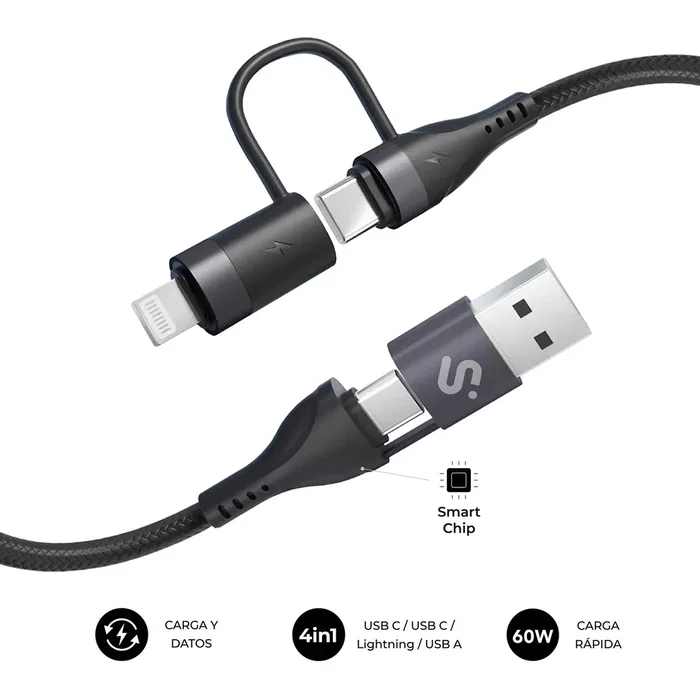 Subblim Cable USB 4 en 1 60W Carga Rápida PD 3.0 QC 3.0 USB-A 2xUSB-C Lightning 1 m Negro para Móvil, Tablet y Portátil SUBCAB-4IN101