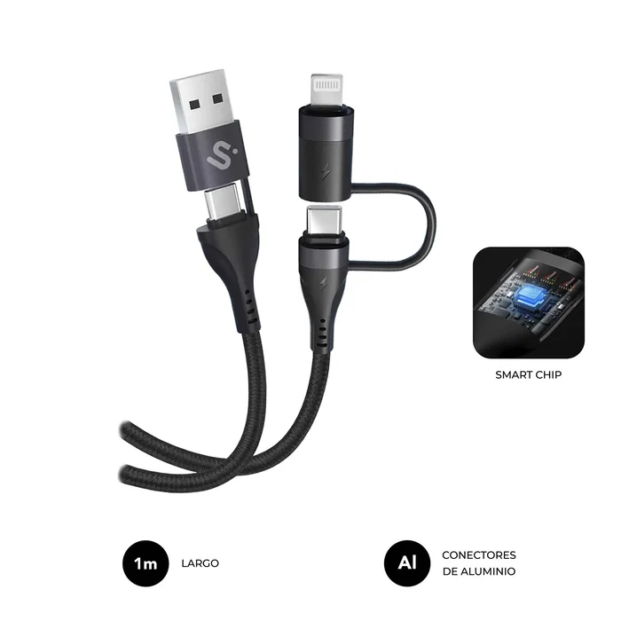 Subblim Cable USB 4 en 1 60W Carga Rápida PD 3.0 QC 3.0 USB-A 2xUSB-C Lightning 1 m Negro para Móvil, Tablet y Portátil SUBCAB-4IN101