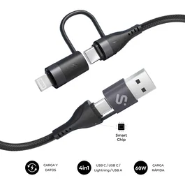 Subblim Cable USB 4 en 1 60W Carga Rápida PD 3.0 QC 3.0 USB-A 2xUSB-C Lightning 1 m Negro para Móvil, Tablet y Portátil SUBCAB-4IN101