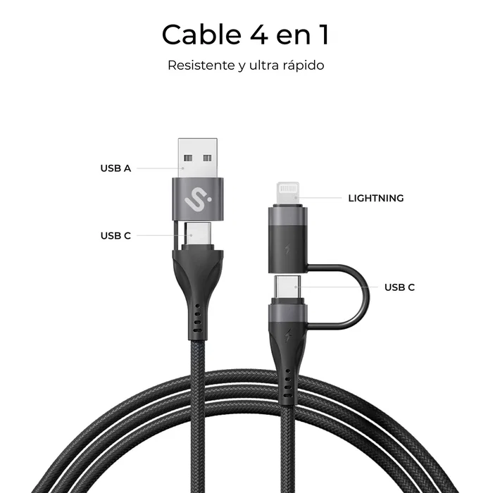 Subblim Cable USB 4 en 1 60W Carga Rápida PD 3.0 QC 3.0 USB-A 2xUSB-C Lightning 1 m Negro para Móvil, Tablet y Portátil SUBCAB-4IN101