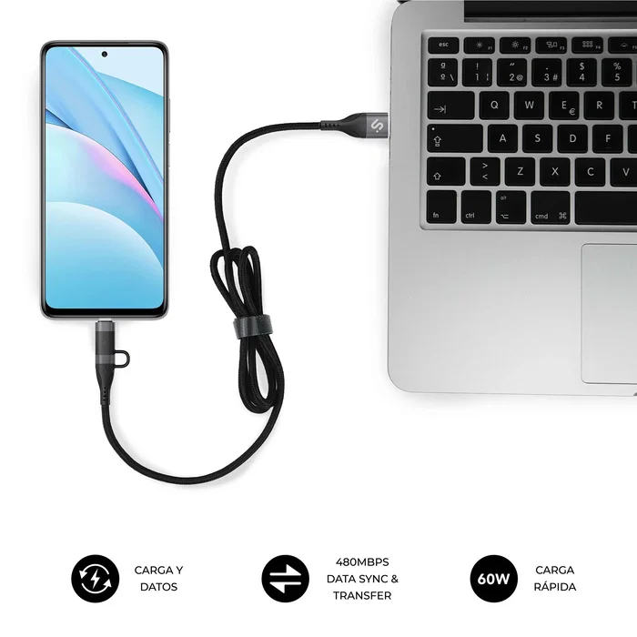 Subblim Cable USB 4 en 1 60W Carga Rápida PD 3.0 QC 3.0 USB-A 2xUSB-C Lightning 1 m Negro para Móvil, Tablet y Portátil SUBCAB-4IN101