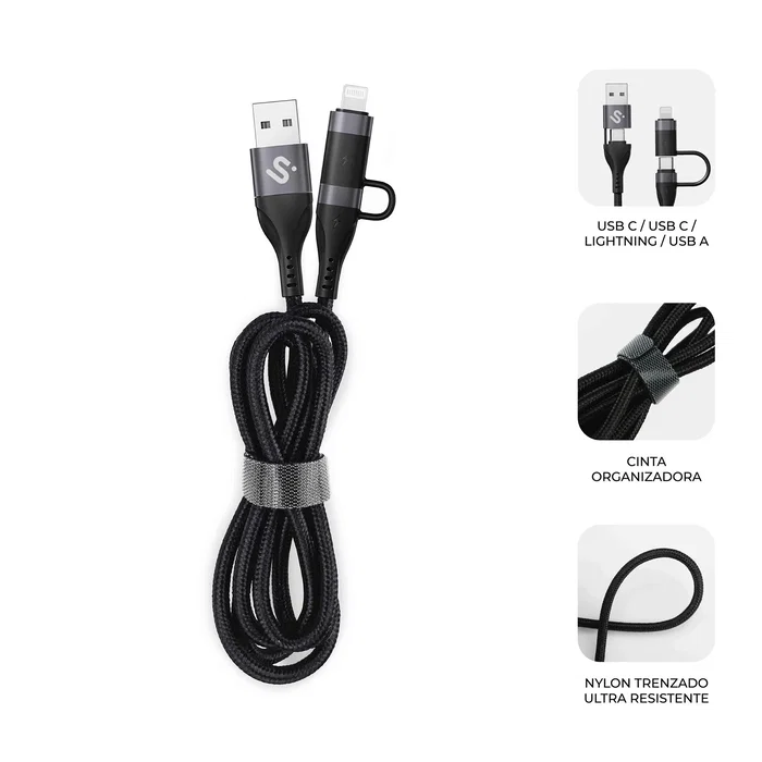 Subblim Cable USB 4 en 1 60W Carga Rápida PD 3.0 QC 3.0 USB-A 2xUSB-C Lightning 1 m Negro para Móvil, Tablet y Portátil SUBCAB-4IN101