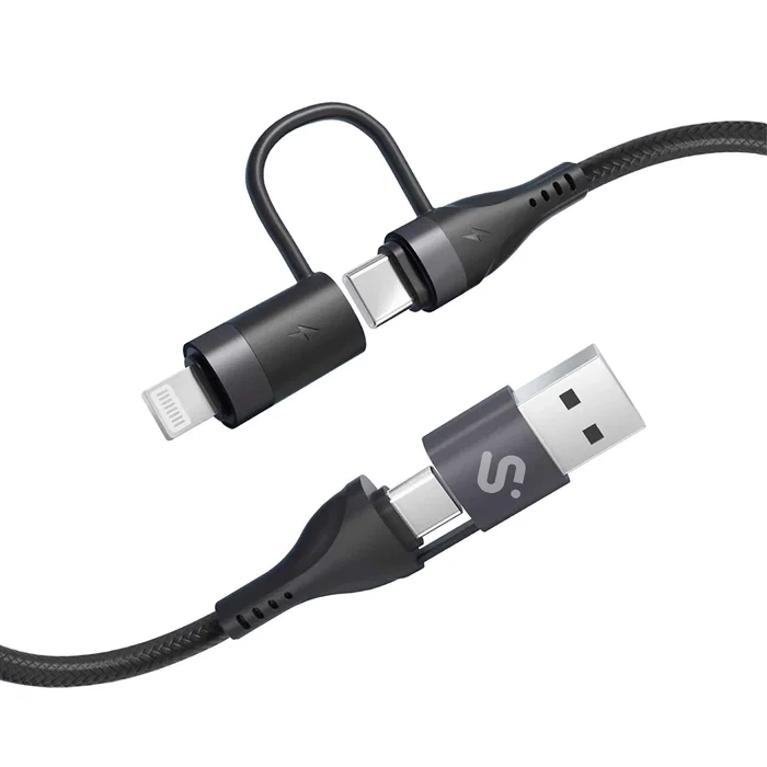 Subblim Cable USB 4 en 1 60W Carga Rápida PD 3.0 QC 3.0 USB-A 2xUSB-C Lightning 1 m Negro para Móvil, Tablet y Portátil SUBCAB-4IN101