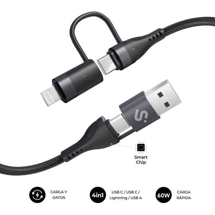 Subblim Cable TOP 4 en 1 60W USB-A/2xUSB-C/Lightning Negro 1m Subblim Cable TOP 4 en 1 60W USB-A/2xUSB-C/Lightning Negro 1m