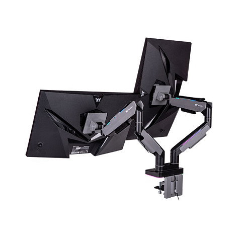 Thermaltake GEA-MSR-DMSBLK-01 Brazo de Monitor Gaming Doble con RGB, Soporte para 2 Pantallas de 17 a 35 Pulgadas, Capacidad 20 kg, Ajuste de Altura e Inclinación, Negro y Gris