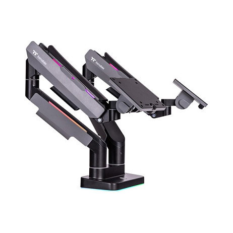 Thermaltake GEA-MSR-DMSBLK-01 Brazo de Monitor Gaming Doble con RGB, Soporte para 2 Pantallas de 17 a 35 Pulgadas, Capacidad 20 kg, Ajuste de Altura e Inclinación, Negro y Gris