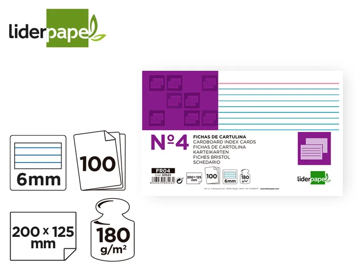 Liderpapel Ficha rayada nº4 125x200 mm 180gr paquete de 100 unidades