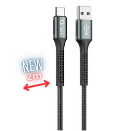 Qcharx Prague Cable USB a Tipo C 20W Carga Rápida PD 3A, Longitud 2 Metros, Cable de Tela Negro con Conector de Aluminio Anti-Rotura para Transferencia de Datos y Sincronización