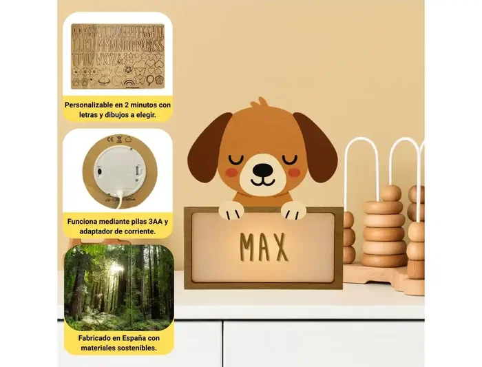 Wondee Lámpara Quitamiedos Personalizable Perro para Niños con Nombre, Luz Nocturna de Madera Sostenible y Carga USB-C