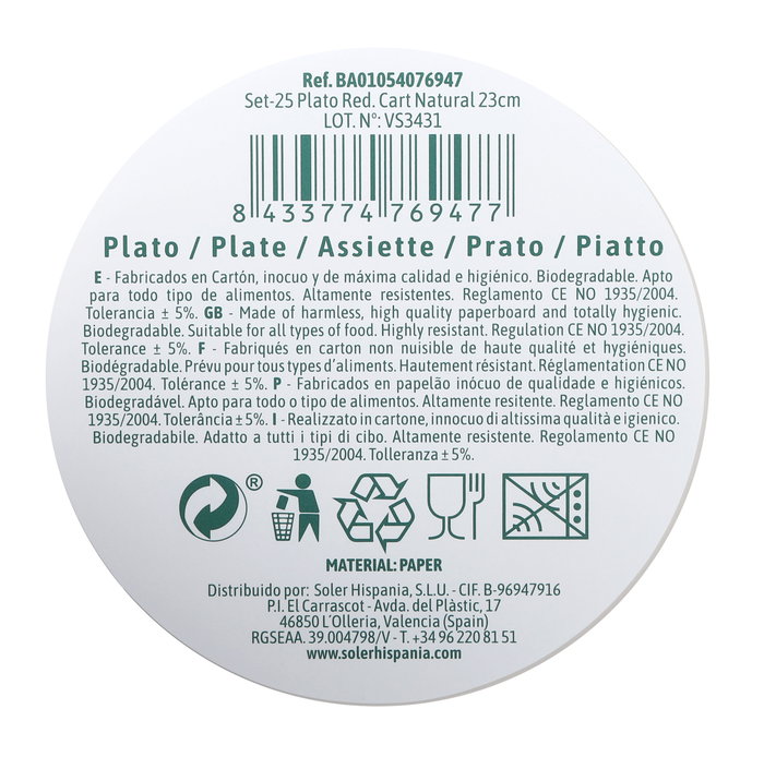 Algon Set 25 Platos Redondos Cartón Natural 23 cm (18 Unidades)