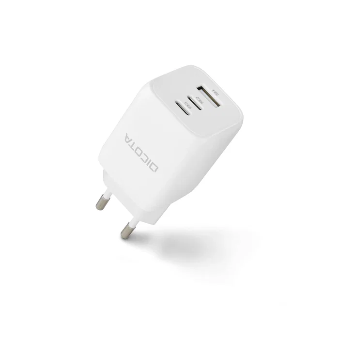 Dicota D32054 - Cargador Rápido GaN Universal 65W Blanco, Interruptor Incorporado, 3 Puertos (2 USB-C PD 3.0, 1 USB-A), Protecciones SOVP/OCP/OTP/SCP, para Móvil y Portátil