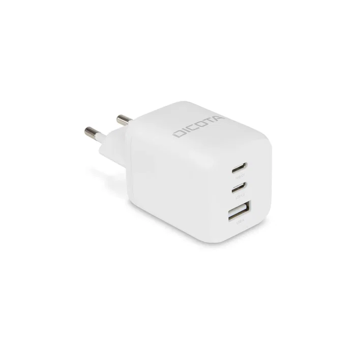 Dicota D32054 - Cargador Rápido GaN Universal 65W Blanco, Interruptor Incorporado, 3 Puertos (2 USB-C PD 3.0, 1 USB-A), Protecciones SOVP/OCP/OTP/SCP, para Móvil y Portátil