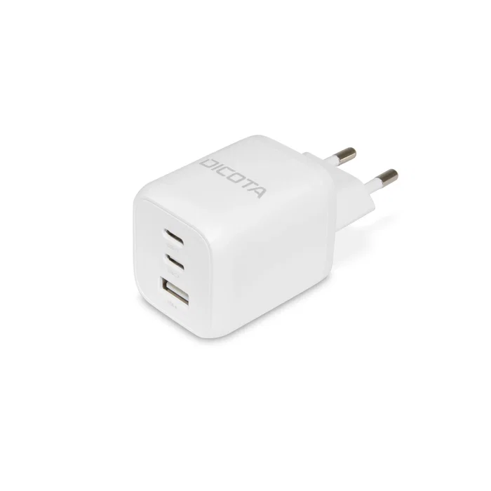 Dicota D32054 - Cargador Rápido GaN Universal 65W Blanco, Interruptor Incorporado, 3 Puertos (2 USB-C PD 3.0, 1 USB-A), Protecciones SOVP/OCP/OTP/SCP, para Móvil y Portátil