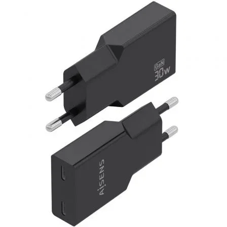 Aisens Cargador GaN Ultra Delgado 30W, 2 Puertos USB-C PD3.0, Negro, A110-1006 - Para Portátil, Móvil, Tablet, Carga Rápida y Eficiente