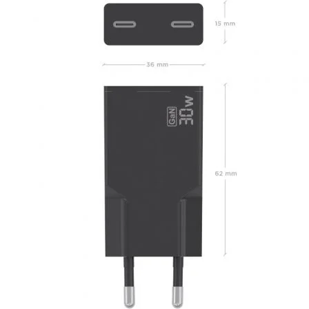 Aisens Cargador GaN Ultra Delgado 30W, 2 Puertos USB-C PD3.0, Negro, A110-1006 - Para Portátil, Móvil, Tablet, Carga Rápida y Eficiente