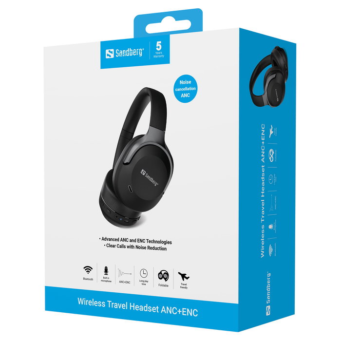 SANDBERG 126-53 Auriculares Diadema Inalámbricos Bluetooth 6.0 con Cancelación Activa de Ruido (ANC) y Supresión de Eco (ENC) para Llamadas/Música, Negro
