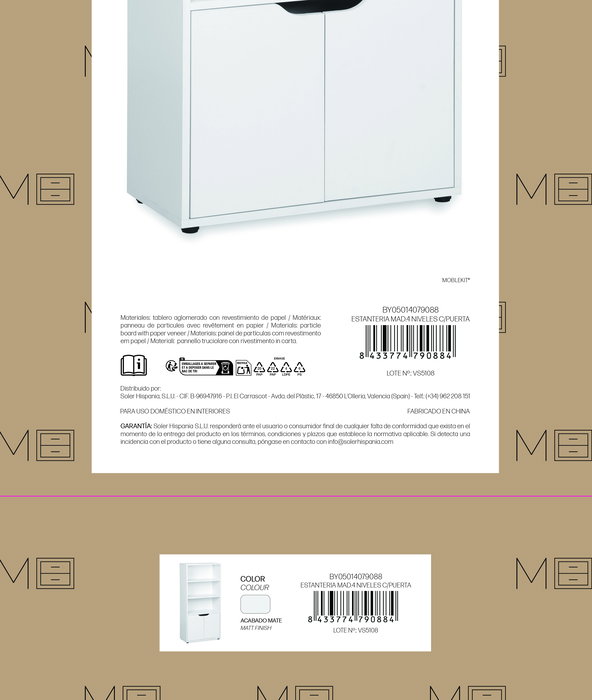 Inde Estantería de Madera de 4 Niveles con Puerta Móvil, Mueble para Almacenaje, 59x29x120 cm