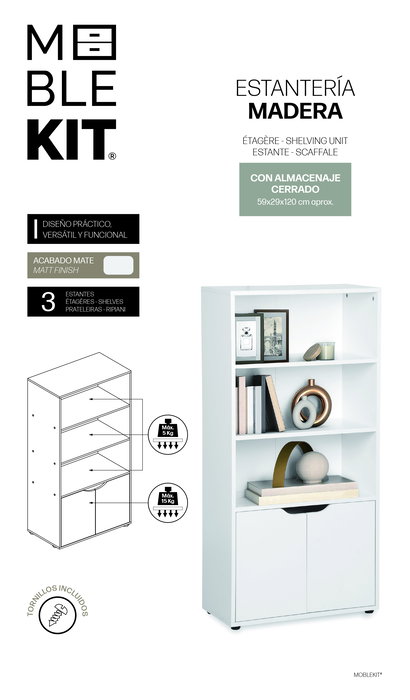 Inde Estantería de Madera de 4 Niveles con Puerta Móvil, Mueble para Almacenaje, 59x29x120 cm