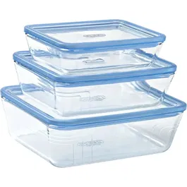 Pyrex PYR3426470301428 Juego de 3 Recipientes de Almacenamiento Rectangulares de Vidrio con Tapa - Sin Plástico - 0,8/1,5/2,6 L
