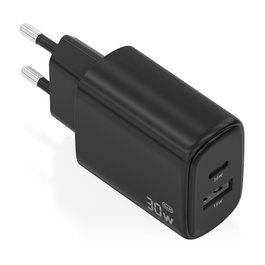 Aisens Cargador GaN 30W con 1xUSB-C PD3.0 QC4.0 y 1xUSB-A QC3.0, Negro