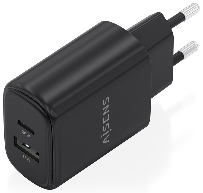 Aisens Cargador GaN 30W con USB-C PD 3.0 y USB-A QC 3.0, Negro Aisens Cargador GaN 30W con USB-C PD 3.0 y USB-A QC 3.0, Negro