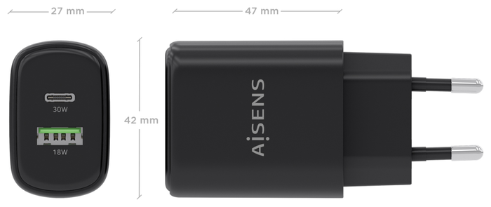 Aisens Cargador GaN 30W con USB-C PD 3.0 y USB-A QC 3.0, Negro Aisens Cargador GaN 30W con USB-C PD 3.0 y USB-A QC 3.0, Negro