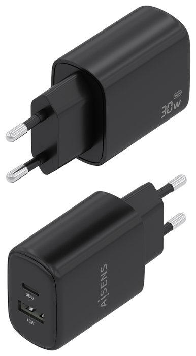 Aisens Cargador GaN 30W con USB-C PD 3.0 y USB-A QC 3.0, Negro Aisens Cargador GaN 30W con USB-C PD 3.0 y USB-A QC 3.0, Negro