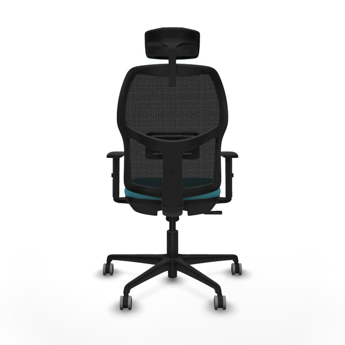 Silla de oficina Alfera con mecanismo Sincro tapizada con Tela color Turquesa y malla color Negro. Equipada con lumbar 1D, Brazos 1D, Cabecero 2D y Ruedas 65 mm parqué