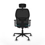 Silla de oficina Alfera con mecanismo Sincro tapizada con Tela color Turquesa y malla color Negro. Equipada con lumbar 1D, Brazos 1D, Cabecero 2D y Ruedas 65 mm parqué