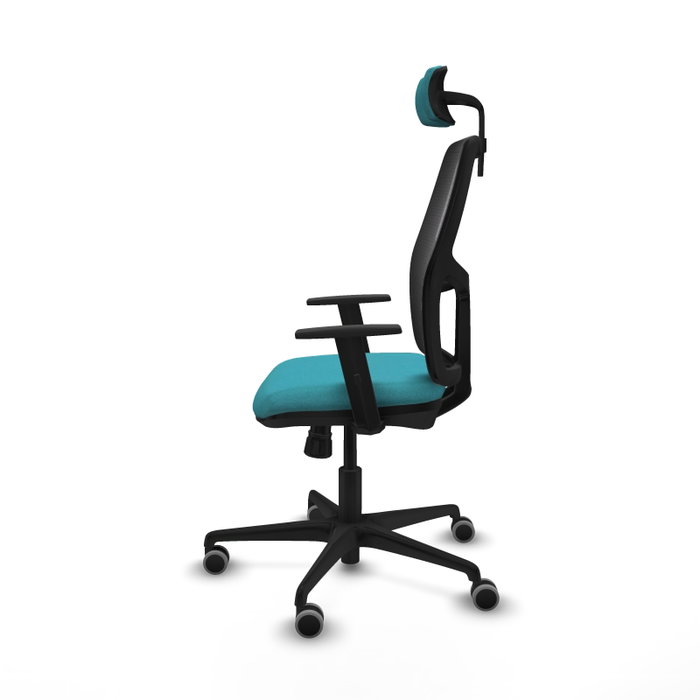 Silla de oficina Alfera con mecanismo Sincro tapizada con Tela color Turquesa y malla color Negro. Equipada con lumbar 1D, Brazos 1D, Cabecero 2D y Ruedas 65 mm parqué