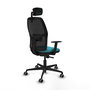 Silla de oficina Alfera con mecanismo Sincro tapizada con Tela color Turquesa y malla color Negro. Equipada con lumbar 1D, Brazos 1D, Cabecero 2D y Ruedas 65 mm parqué