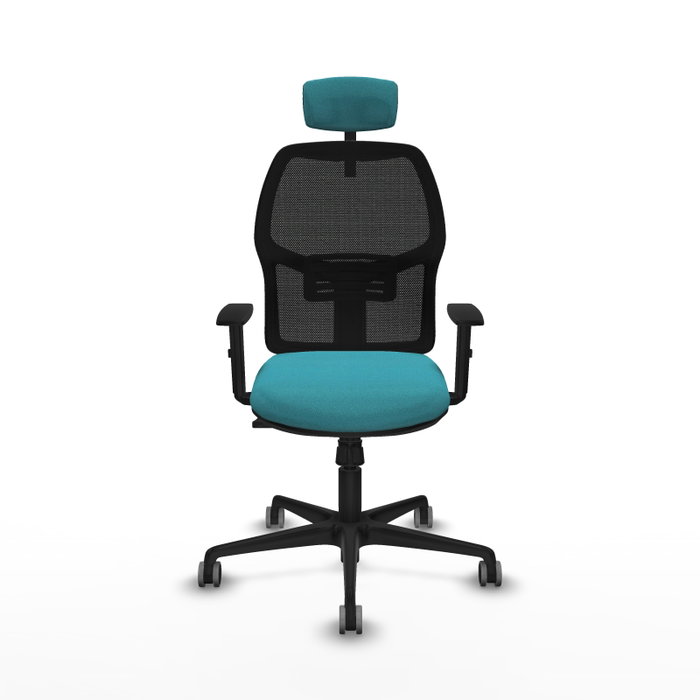 Silla de oficina Alfera con mecanismo Sincro tapizada con Tela color Turquesa y malla color Negro. Equipada con lumbar 1D, Brazos 1D, Cabecero 2D y Ruedas 65 mm parqué