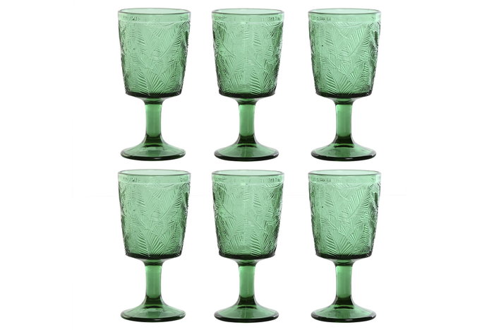 DKD Home Decor Set de 6 Copas de Cristal Verde con Relieve de Hojas Tropical Garbo, 285ml DKD Home Decor Set de 6 Copas de Cristal Verde con Relieve de Hojas Tropical Garbo, 285ml