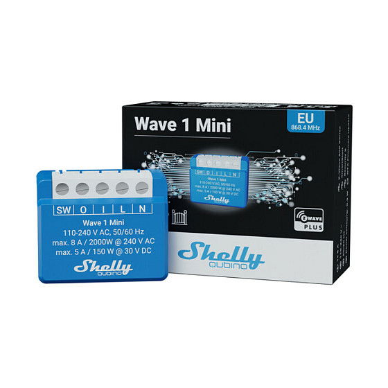 Shelly Wave 1 Mini Z-Wave Interruptor Inteligente Inalámbrico, Mando a Distancia, 1 Módulo, 2000W, 8A, 240V